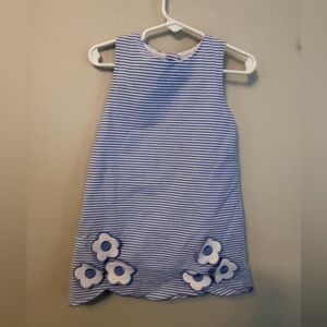 Classic Whimsy Striped Blue and White Sleeveless Dress with Flower Accents